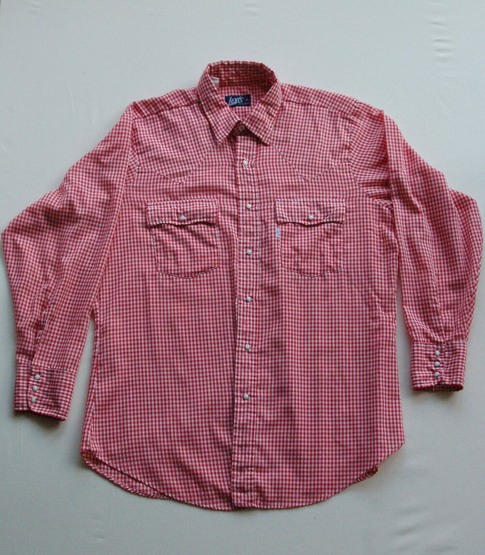 Vintage 70s Levis White Tab Western Pearl Snap Red Gingham Shirt XL